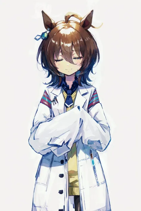 (masterpiece, best quality:1.3), <lora:agnes_tachyon_loha:1>, agnes tachyon \(umamusume\), half-closed_eyes, light smile, single earring, long sleeves, sleeves past wrists, sleeves past fingers, collared shirt, black shirt, yellow sweater, sweater vest, black necktie, short necktie, open coat, white coat, labcoat, test tube, vial, zipper, black pantyhose, cowboy shot,
