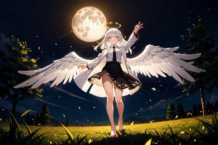 (masterpiece, best quality:1.3), (Intricate detailed:1.2), 1girl, (li1.3), solo, (white hair, messy hair, long hair), (angel wings, angel halo), flat chest, light smile, glowing yellow eyes, (white shirt, black necktie, black open coat, black skirt, barefoot), (cinematic lighting, backlit), glowing white particles, spread arms, dynamic angle, (grassland, night sky, trees, forest, full moon), wide shot, full body, <lora:GoodHands-vanilla:1>