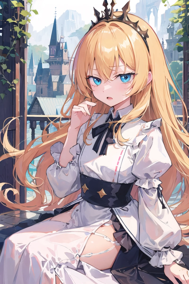 <lora:worriedeyes_v100:1>
insanely detailed, absurdres, ultra-highres, ultra-detailed, best quality,
1girl, solo, nice hands, perfect hands,
BREAK
princess, princess dress with many frills, teara on hair,
upset, open mouth,
sitting, cute pose,
from front, cowboy shot,
BREAK
slender, kawaii, perfect symmetrical face, ultra cute girl, ultra cute face, ultra detailed eyes, ultra detailed hair, ultra cute, ultra beautiful,
BREAK
(fantasy world, in castle), depth of field,
medium large breasts, (cleavage:-1.5)
BREAK
blonde hair, long hair, messy hair, blue eyes, hair between eyes