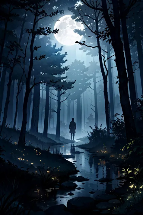 (masterpiece, best quality:1.3), <lora:GoodHands-beta2:1>, magical forest at night, with a full moon casting an eerie glow over the twisted trees and winding paths. The colors are muted and atmospheric, with deep shades of blue and black creating a hauntingly beautiful scene. In the foreground, a group of nocturnal animals, including an owl, a fox, and a raccoon, emerge from the shadows, their eyes reflecting the moonlight. The scene captures the sense of mystery and wonder that can be found in the darkness of the forest at night.,