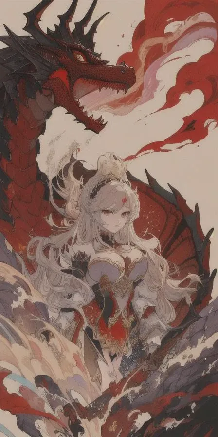 best quality, masterpiece, intricate, detailed, a voluptuous Dragon-Rider with black Dragon in horror manga, in the style of dragon art from Drakengard, dark white, light beige, light red, Nobuteri Yuki, fine attention to exaggerated anatomy, spectacular mysterious backdrops, Norihiro Yagi, macabre romanticism, I can't believe how beautiful this is, gigantic scale, sharp focus, Kimihiko Fujisaka