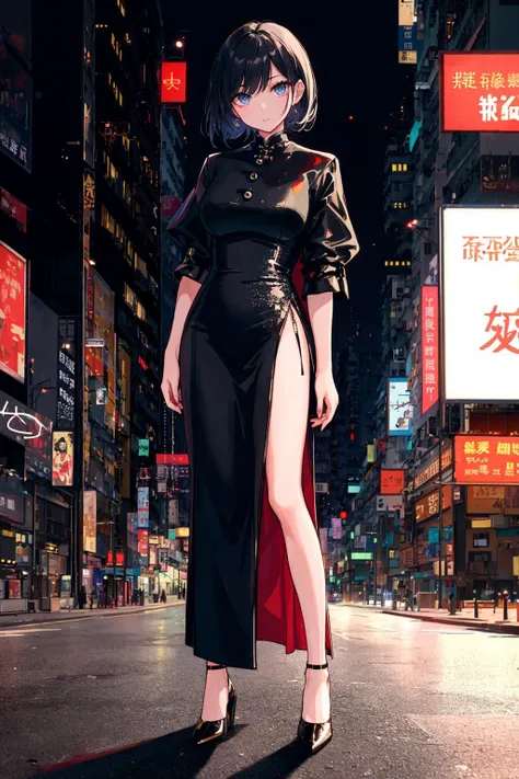 A night Hong Kong street,
a well lit adult woman poses wearing a full dress with a high collar and side slit, a leg aside, high heels,
depth of field, film grain, high quality analog photo, professional shot