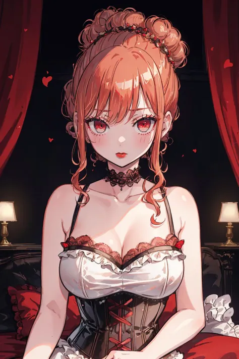 (very close up) (shot from waist up) (arms on either side) (girl is pinning viewer down on bed) (adult woman:1.2) (topless:1.1) (elaborate beautiful dress:1.2) (ruby red chains on wrists) (viewer is under girl) (girl looking at viewer intently) ruby red halo) red rose choker, night, dark cozy bedroom, mood lighting, on red velvet bed, Absurd, Perfect Anatomy, performance, Good lighting, Shadows in the movies, very large breasts, large butt, thin waist, Long HAIR, (blonde hair), (loving look:1.4), original HAIR style, Dynamic Angle, (detailed face:1.3) (dynamic lighting:1.5), (ruby red eyes) (ruby red leaf bracers on arms) (ruby red leaf hair piece) (elaborate ruby necklace) (red roses on bed:1.3) (red roses in hair) (stunning beautiful red eyes)