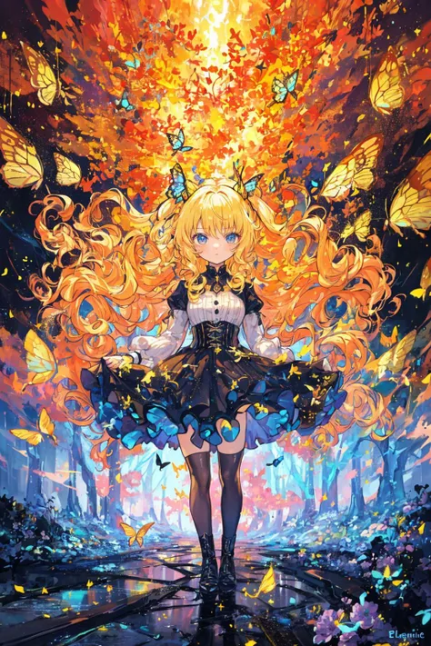 (Looking at the viewer) (1girl) A orange long hair sexy lady of butterflies wearing a black mini dress in the woods, lot of butterflies flying around