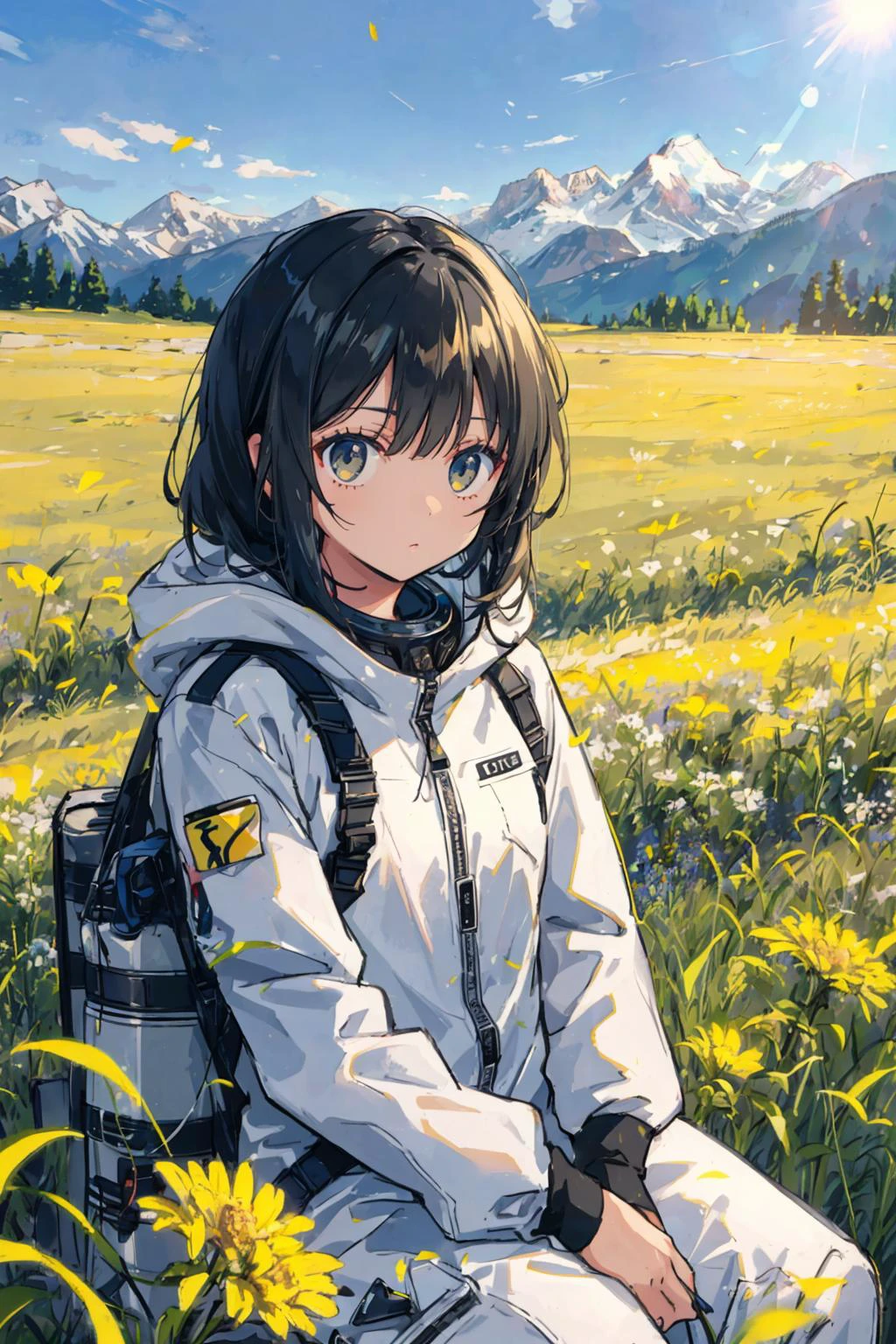 A mixed race woman in a grey space suit sitting in a tall grass, holding flowers, field, mountains in the background, warm palette, sunlight, amateur photo, film grain