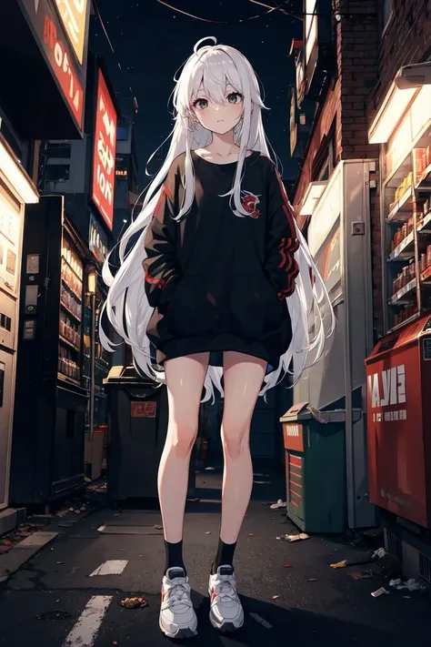 (masterpiece, best quality:1.3), <lora:GoodHands-beta2:1>, 1girl, <lora:clothesUpdate:MIDD>, white hair, very long hair, messy hair hair over eyes, black eyes, streetwear outfit, alley, vending machine, trash can, air conditioner, night sky, gloomy light, wide shot