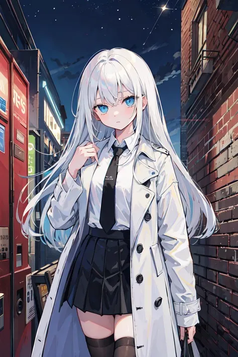 (masterpiece, best quality:1.4), 1girl, white hair, very long hair, messy hair, hair over eyes, blue eyes, (open trench coat, white shirt, black necktie, skirt, black thighhighs), vending machine, building, (street, brick wall), outdoors, (night sky:1.1), cowboy shot, <lora:GoodHands-vanilla:1>