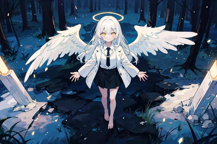 (masterpiece, best quality:1.4), (Intricate detailed:1.2), 1girl, (loli1.3), solo, (white hair, messy hair, long hair), (angel wings, angel halo), flat chest, light smile, glowing yellow eyes, (white shirt, black necktie, black open coat, black skirt, barefoot), (cinematic lighting, backlit), glowing white particles, spread arms, (grassland, night sky, trees, forest, full moon), wide shot, from above, full body, <lora:GoodHands-vanilla:1>