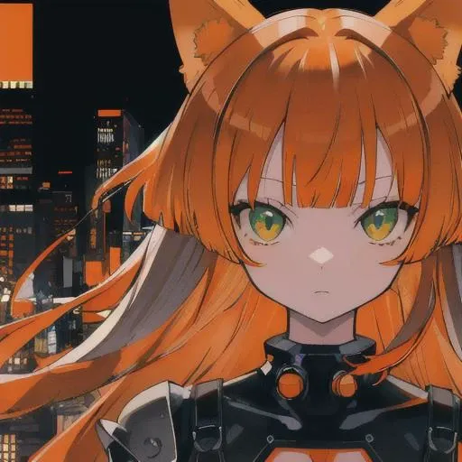 masterpiece, high resolution, RAW, anime style, 1girl, blunt bangs, (long orange hair:1.6), ginger, (catgirl:1.4), animal ears only,  furry orange fox ears:1.4, (hair covering ears:1.4), hair over ears, in a cyberpunk night city, night life, [evangelion:cyberpunk edgerunners:0.5], silver armor, very aesthetic, highres, 4k, 8k, intricate detail, cinematic lighting, amazing quality, amazing shading, detailed Illustration, official artwork, wallpaper, official art, extremely detailed eyes and face, beautiful green eyes