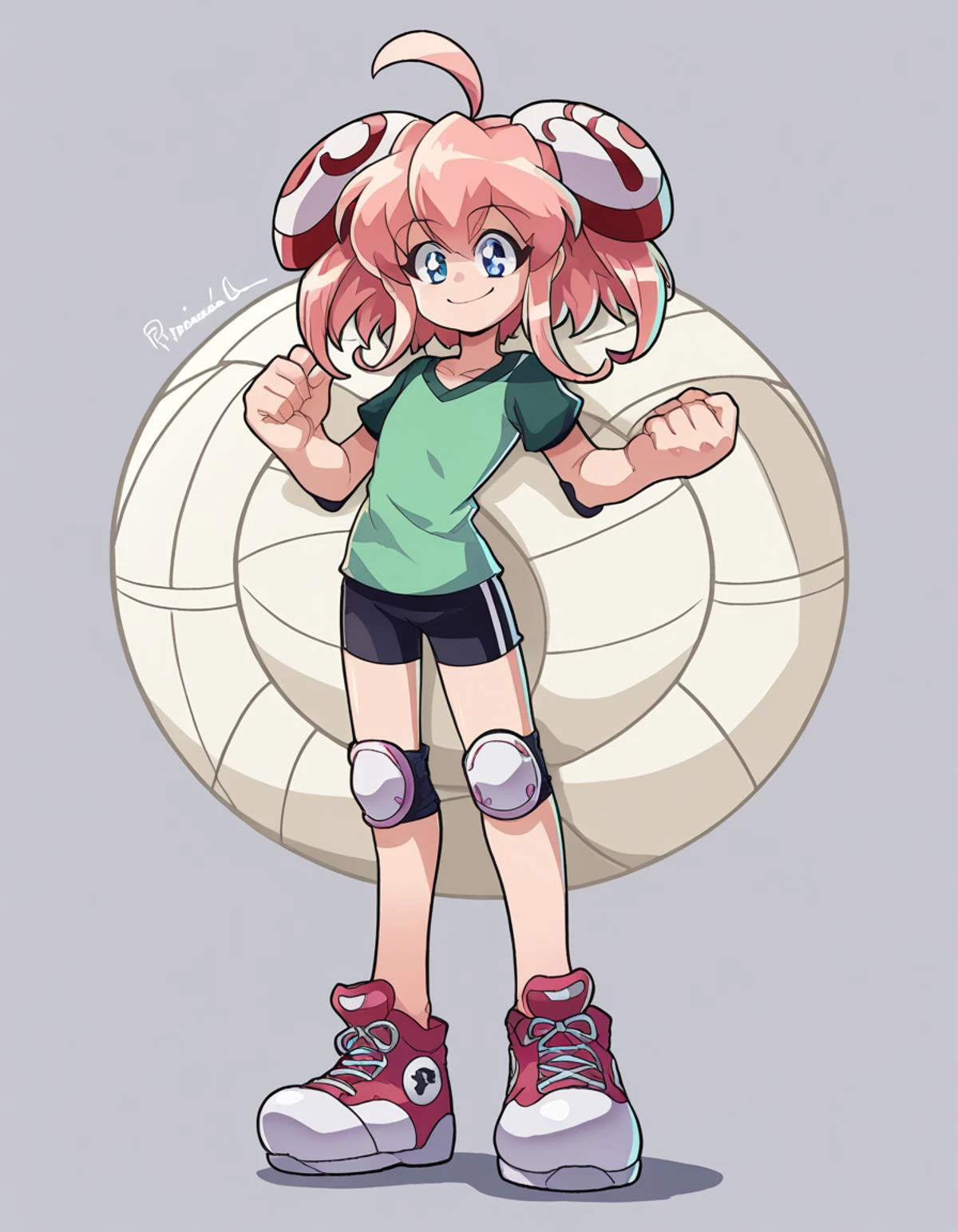 zPDXL, score_9, score_8_up, score_7_up, source_anime,
1girl, solo, <lora:Rizelmine_v2-20:0.8> rizel, ahoge, short hair, hair ornament, hairpods, pink hair, blue eyes, petite, flat chest, volleyball player wearing a green compression shirt, compression shorts, high-top sneakers, knee pads,elbow pads, (portrait), <lora:PringleDingle_v2:1> pringus , light smile