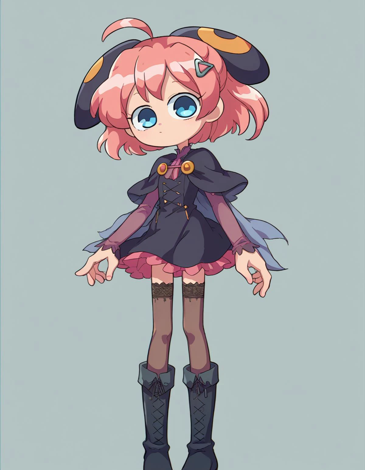 zPDXL, score_9, score_8_up, score_7_up, source_anime,
1girl, solo, <lora:Rizelmine_v2-20:0.8> rizel, ahoge, short hair, hair ornament, hairpods, pink hair, blue eyes, petite, flat chest, witch wearing black and orange patchwork dress with silver embroidery, pointed hat, sheer stockings, lace-up boots, (portrait), <lora:Miwako_v2:1> mwk , giggling