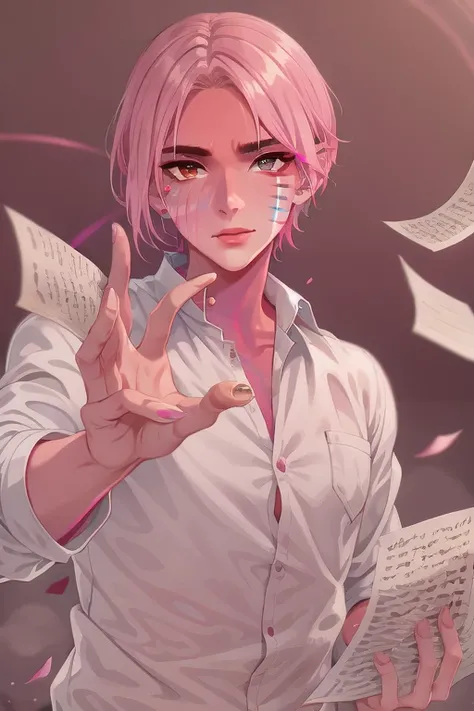 <lora:Technoblade_Avatar:.7> (masterpiece, best illustration), 1boy, solo, male focus, brown eyes, pink and blonde hair, looking at viewer, shirt, colored skin, tusks from bottom lip, red and pink gradient face paint, dripping pink face paint, shiny skin, glittery skin,throwing papers around, papers flying, depth of field, sci fi background, extreme light and shadow, rim lighting,