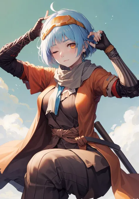 outfit sekiro, solo, goggles on head, 1girl, original outfit, one eye closed, closed mouth, looking at viewer, cowboy shot <lora:outfit_sekiro-000008:1> <lora:zasm21v2-000008:0.9>