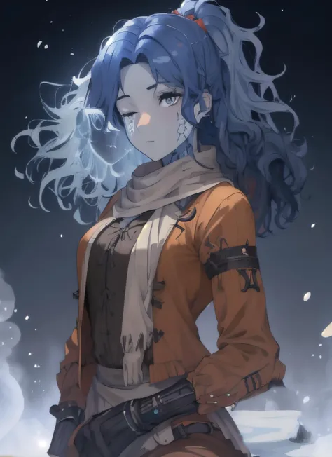 beautiful, 1girl, blue hair, wavy hair, cracked skin, multiple faces, <lora:RanniV4LoRA:1>, <lora:outfit_sekiro:1>, cowboy shot, snowy background