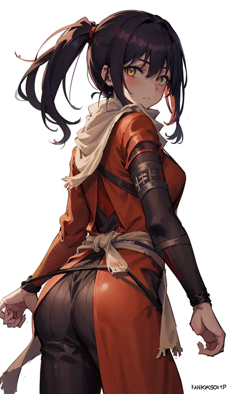 outfit sekiro, solo, 1girl, yellow eyes,original outfit,closed mouth, looking at viewer,from behind,cowboy shot ,white background,<lora:outfit_sekiro-000008:1>
