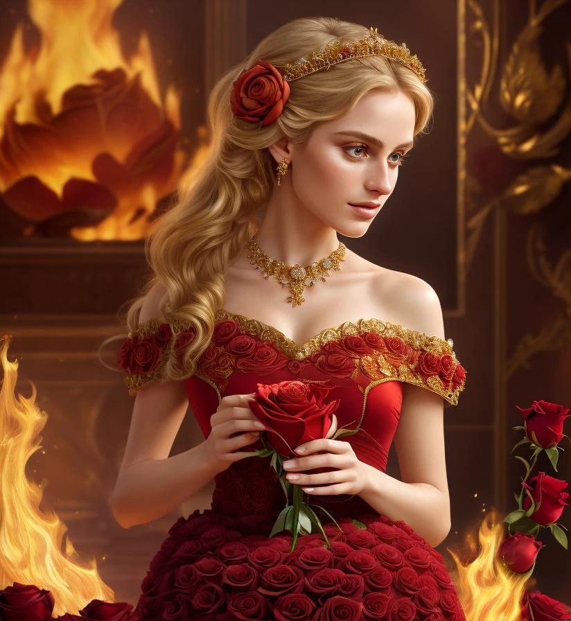 best quality, Elegant,Elegance masterpiece, Dcor, Luxurious, Mandelbulb gold, extremely delicate and beautiful, extremely detailed ,CG ,unity ,8k wallpaper, Amazing, finely detail, masterpiece, best quality, official art, extremely detailed CG unity 8k wallpaper, ultra-detailed, high res, extremely detailed, ((1girl holding a beautiful detailed (red rose))), extremely detailed petals, droplets on petals, refraction, glaring, depth of field, ((large fire across the background)), red dress on fire, garland of roses, hair piece with roses, perfect face, hair blonde ,perfect anatomy, beautiful features, beautiful eyes, well proportioned, Hyper Detailed, Surface Detail, Perfection,
