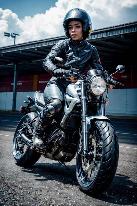 female biker, professional biker, biking helmet, biking costume, biking jacket, long sleeves, biking pants, biking boots, biking gloves, black skin, ebony skin, dark skin, (dynamic pose:1.4), skin pores, detailed skin, wide hips, (thick thighs:1.4), crotch cut out, pussy, (pussy:1.5), vagina, no panties, (crotchless biker pants:1.4), 
race track, racing track, motorsports racing track, motorbike, motorcycle, fancy motorcycle,
<lora:CrotchlessPants:1>, <lora:add_detail:0.7>, <lora:oiled skinv1:0.4>