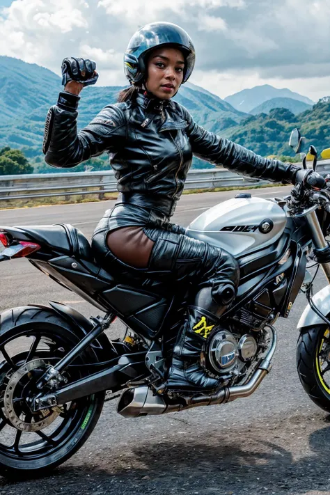 female biker, professional biker, biking helmet, biking costume, biking jacket, long sleeves, biking pants, biking boots, biking gloves, black skin, ebony skin, dark skin, (dynamic pose:1.4), skin pores, detailed skin, wide hips, (thick thighs:1.4), crotch cut out, pussy, (pussy:1.5), vagina, no panties, (crotchless biker pants:1.4),
race track, racing track, motorsports racing track, motorbike, motorcycle, fancy motorcycle,
<lora:CrotchlessPants:1>, <lora:add_detail:0.7>, <lora:oiled skinv1:0.4>