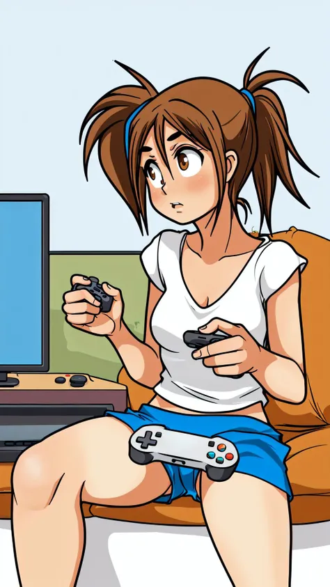 <lora:Erika:0.8> Erika, 1girl, jagoerika, messy hair, brown eyes, brown hair, ponytail, BREAK, <lora:holding_gamepad:0.5> holding, gamepad, television, flat screen tv, game controller, video game, game console