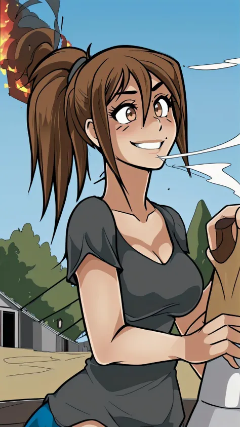 <lora:Erika:0.8> Erika, 1girl, jagoerika, messy hair, brown eyes, brown hair, ponytail, BREAK, <lora:DisasterGirlMeme:0.8> IncrsDisasterGirlMeme, fire, smoke, smile, outdoors