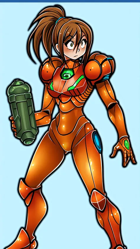 <lora:Samus_Varia_Suit:0.8> samus aran, varia suit, arm cannon, (orange armor:1.2), blue armor, BREAK, <lora:Erika:0.8> Erika, 1girl, jagoerika, brown hair, ponytail, messy hair,