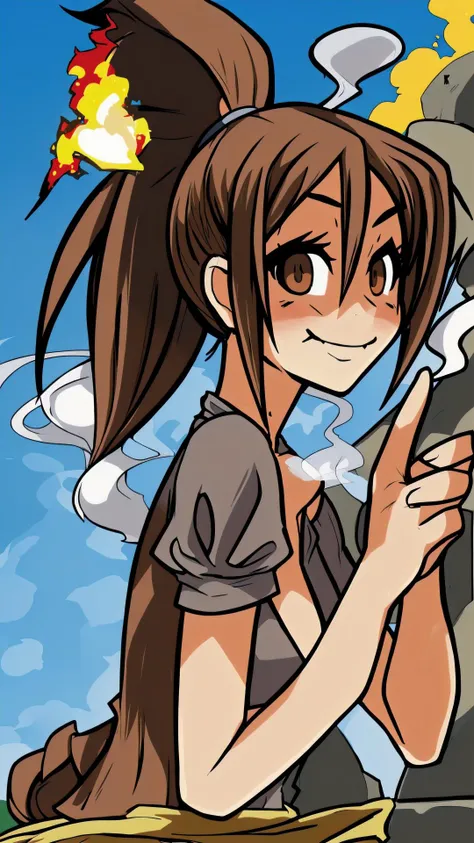 <lora:Erika:0.8> Erika, 1girl, jagoerika, messy hair, brown eyes, brown hair, ponytail, BREAK, <lora:DisasterGirlMeme:0.8> IncrsDisasterGirlMeme, fire, smoke, smile, outdoors