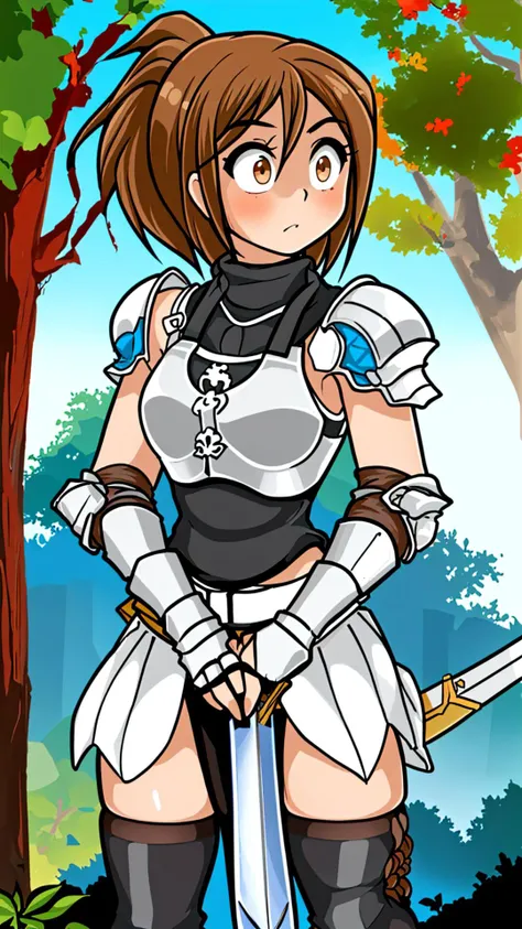 <lora:Erika:0.8> Erika, 1girl, jagoerika, messy hair, brown eyes, brown hair, ponytail, BREAK, <lora:KnightT:1> KnightT, armor, sword, holding sword, BREAK, forest, tree
