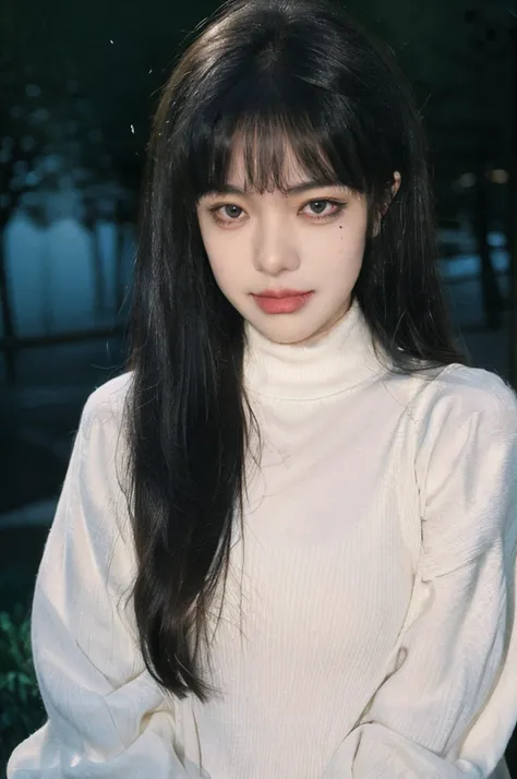 photorealistic,realistic,(masterpiece,best quality:1.2),8k,high detailed,ultra-detailed,film grain,film overlay,beautiful lighting,absurdres,RAW photo,(depth of field:1.2),<lora:FilmVelvia2:0.6>,<lora:JPfilmColor_Heavy_grain:0.3>,overexposure,vignetting BREAK <lora:fujian:0.6>,1girl,fujian,long hair,solo,closed mouth,bangs,lips,medium breasts,Dull eyes,evil smile,evil grin,charming pose,upper body,close-up,looking at viewer,(turtleneck sweater:1.2) BREAK BREAK dark,(fog:1.3),(midnight:1.2),(forest:1.1),(mist:1.3),shadows,(dim light:1.1),night,full moon,moonlight,