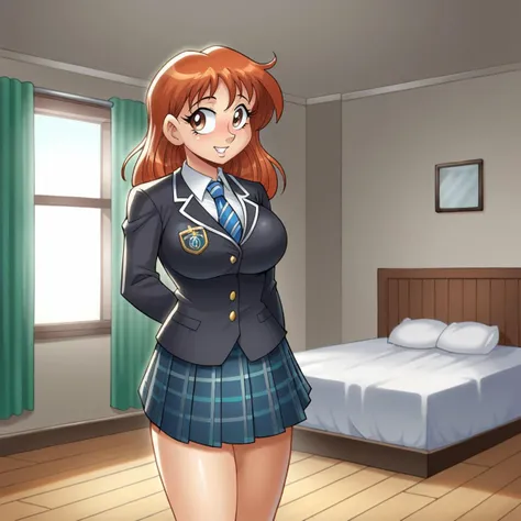 score_9, woman, solo, bedroom,<lora:Kamitora_Artist_Style_-_PonyXL:0.8> kamitora,  standing, school uniform, large breasts, formal tie, skirt, adult