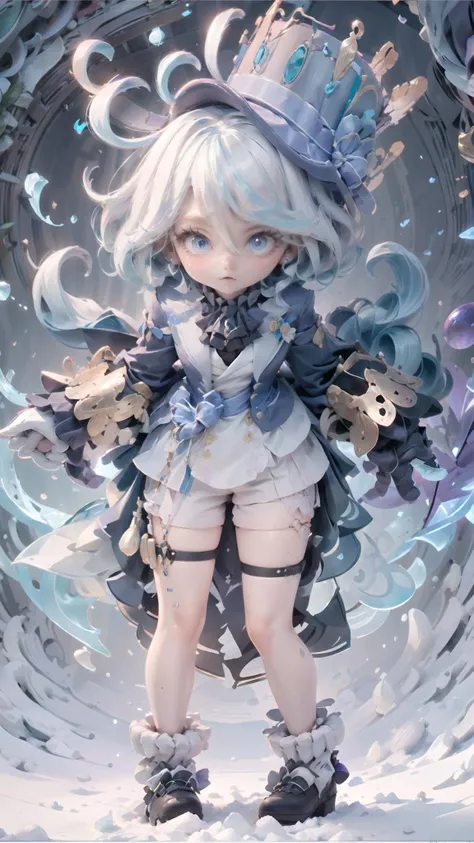 <lora:Furina_Genshin:1.2>,1girl,Stand,1 underage girl,solo,blind box,fufu,full body,(heterochromatic:1.3)+(right eye light blue,)+(left eye purple:1.4),best quality,(masterpiece:1.1),<lora:chibi-v1:0.9>,Clean background,gloves,full body,shorts,blue headwear,Light blue right eye,ahoge,hat,white hair,jewelry,blue bow,long sleeves,blue hair,bowtie,shirt,blue footwear,boots,earrings,half gloves,bangs,white shorts,black footwear,hair between eyes,left eye purple,heterochromia,missionary,:>,
