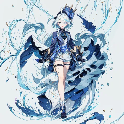 <lora:Furina_Genshin>,1girl,solo,furina \(genshin impact\),fufu,full body,chain,frilled sleeves,shorts,blue bow,bowtie,long sleeves,frills,high heels,(blue headwear)+(mini hat:1.2),crown,blue footwear,blue bowtie,blue jacket,shirt,jewelry,jacket,(black footwear)+(blue footwear bow),white socks,vision \(genshin impact\),gem,(light blue hair)+(white hair)+(long hair)+(bangs)+(ahoge),(gloves)+(half gloves)+(left hand white gloves)+(right hand black gloves),(left hand white gloves:1.4),(heterochromatic:1.3)+(right eye light blue,)+(left eye purple:1.4),best quality,(masterpiece:1.3),<lora:beautiful detailed eyes:0.8>,<lora:tachi-e:1>,illustration,beautifuldetailedglow,paper_cut,simple background,Flowers,(Stand:1.1),:d,