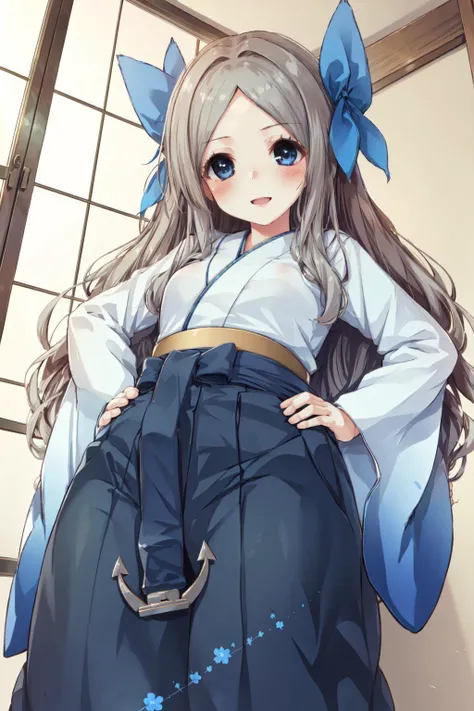(masterpiece), (best quality), (ultra-detailed), photorealistic, (best illustration), ((an extremely delicate and beautiful)), 1girl, solo, asakazeKC, long hair,skirt, hair bow, sidelocks,kimono, parted bangs, wavy hair, blue bow, hakama, hakama skirt, forehead, anchor, blue hakama, furisode, meiji schoolgirl uniform, smile, full body, hands on hips, from below, blue sky, diffraction spikes, indoors, window, <lora:asakaze:0.9>