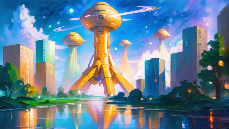 modern digital impressionism, oil painting, palette knife, (scifi:2), wonderous fantasy arcology beyond the beginning of the multiverse<lora:EnvyImpressionismXL01:0.7>, moody color palette