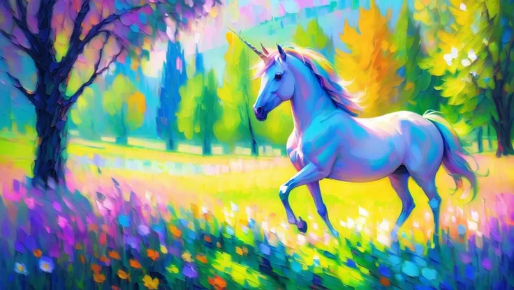 modern digital impressionism, oil painting, palette knife, Preternatural Unicorn Meadows<lora:EnvyImpressionismXL01:0.3>