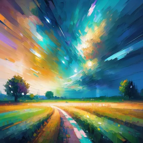 modern digital impressionism, oil painting, palette knife, ,Interstellar Cosmic Ray Exposure Fields<lora:EnvyImpressionismXL01:0.3>, moody color palette