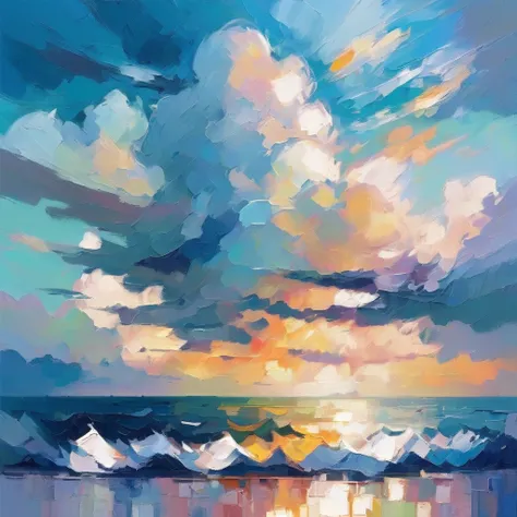 modern digital impressionism, grunge painting, palette knife, ,soaring Cloud Sea<lora:EnvyImpressionismXL01:0.3>, moody color palette