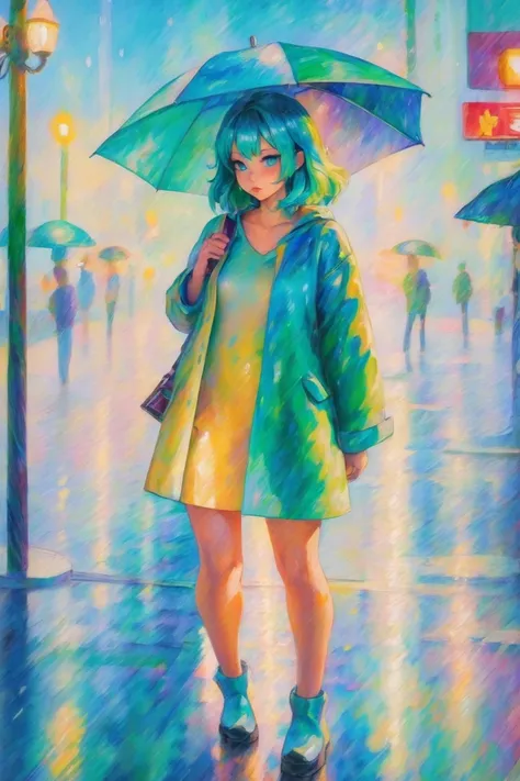 modern digital impressionism, oil painting, 1girl, woman, (profound Rainy Day:1.3) catgirl, full body, [:formal costume design,:0.2], bombshell hair, aqua hair, antenna hair,Stacked Bob, hourglass figure, chinese<lora:EnvyImpressionismXL01:1>