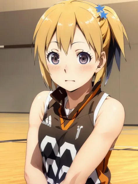 <lora:HitokaYachi:0.6>,high res, masterpiece, Hitoka Yachi, blond, solo, 1girl, cute, volleyball court, indoors, detailed eyes, ((brown eyes))