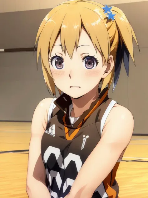 <lora:HitokaYachi:0.6>,high res, masterpiece, Hitoka Yachi, blond, solo, 1girl, cute, volleyball court, indoors, detailed eyes, ((brown eyes))
