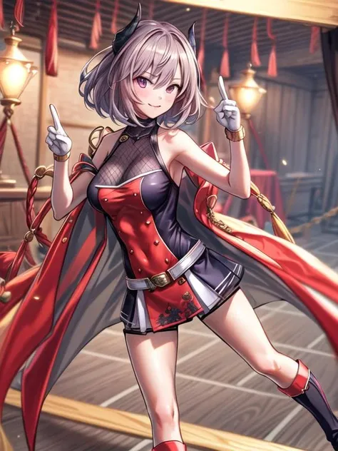 1girl, solo, shuten douji,mizukioutfit, shiny clothes, highleg leotard, black leotard, elbow gloves, fingerless gloves, frills, fishnets, red showgirl skirt, pink ribbon, fur trim, skin tight, impossible leotard, black thighhighs, thighhighs, bare shoulders, covered nave,smirk,grin, sitting, outdoors, night, village, stairs, contrapposto,cowboy shot,pencil sketch