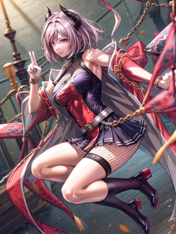 1girl, <lora:Kirisima_v1:0.9>kirisima,horns, short hair, sleeveless, jacket, short dress, full body, fishnets,, <lora:flatBG:-0.6> ,<lora:flat2:-0.6>,(dark light:1.2),(hyper extreme detailed),(masterpeace:0.5),(hyper extreme),(photorealistic),game cg,llustration,novel illustration,beautiful lighting,light from the front,BREAK, <lora:GoodHands-beta2:1>,(good hand,nice hands, perfect hands:1.2),five finger,