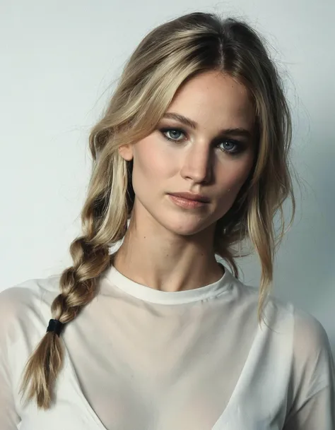 score_9, score_8_up, score_7_up, ohwx, 1girl, realistic, photo, expressionless, slim, blouse, blonde, half up braid, <lora:CrunchyBanana_PONY_DORA_Jennifer_Lawrence:1>, white background, solo focus, looking at viewer, rating_safe