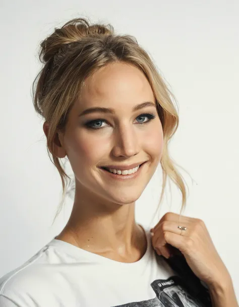 score_9, score_8_up, score_7_up, ohwx, 1girl, realistic, photo, light smile, slim, shirt, blonde, cone hair bun, <lora:CrunchyBanana_PONY_DORA_Jennifer_Lawrence:1>, white background, solo focus, looking at viewer, rating_safe