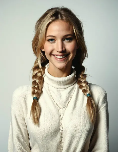 score_9, score_8_up, score_7_up, ohwx, 1girl, realistic, photo, happy, slim, sweater dress, blonde, multiple braids, <lora:CrunchyBanana_PONY_DORA_Jennifer_Lawrence:1>, simple background, solo focus, looking at viewer, rating_safe