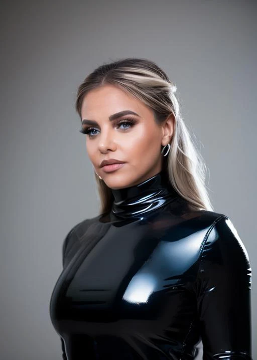 Dark Fantasy Art of a captivating masterpiece of an woman, blonde hair, (dressed in a turtleneck latex suit), ((half body)), blurred background, studio ligthing, facing camera, shallow depth of field, <lora:MS_MalenaDoll_V1_32:0.8>, dark, moody, dark fantasy style