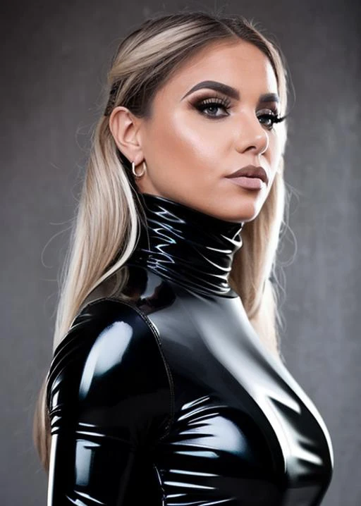 Gothic style, a captivating masterpiece of an woman, blonde hair, (dressed in a turtleneck latex suit), ((half body)), blurred background, studio ligthing, facing camera, shallow depth of field, <lora:MS_MalenaDoll_V1_32:0.8>, Dark, mysterious, haunting, dramatic, ornate, detailed