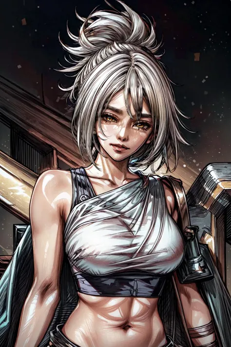 (masterpiece, best quality), intricate details, (Best quality)), ((masterpiece)), fractal art:1.2),
(1girl), <lora:Riven-000016:1> riven \(league of legends\), folded ponytail, white hair,black eyeshadow, white face mark, bare shoulders,yellow eyes,white hair, smirk, seductive smile,
extreme detailed eyes, colorful, highest detailed, vibrant colors, high contrast,
<lora:add_detail:1>,
<lora:Crop-tops-fc-v3:0.8> crop top, underboob, midriff, <lora:chichibukuro:1.5> chichibukuro,
