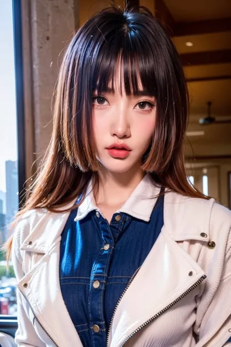 (portrait) of misswarmj looking at viewer, (8k, RAW photo, masterpiece:1.3), (realistic, photorealistic:1.1), 1girl, best quality,hyper detailed,highres, slender body, (bored, serious, sad:0.9), city streets, outdoors, (collared shirt), jacket, elegant clothes, close, <lora:misswarmj:0.88>