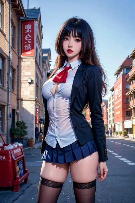 misswarmj looking at viewer, (8k, RAW photo, masterpiece:1.3), (realistic, photorealistic:1.1), 1girl, best quality,hyper detailed,highres, slender body, (bored, serious, sad:0.9), city streets, outdoors, field, thighhighs, (school uniform:1.2), <lora:misswarmj:0.8>