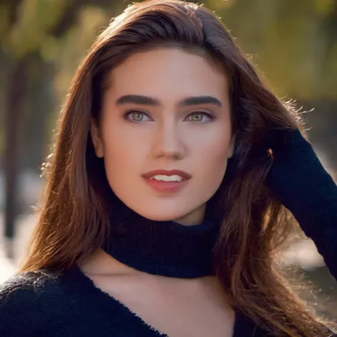 portrait of sexy skswoman, wearing black turtleneck and blue jeans, background Paris in autumm, epic (photo, studio lighting, hard light, sony a7, 50 mm, matte skin, pores, colors, hyperdetailed, hyperrealistic) <lora:Jennifer Connelly:1.2>